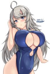 Rule 34 | 1girl, ahoge, blue eyes, blue one-piece swimsuit, blush, breasts, cleavage, cleavage cutout, clothing cutout, competition swimsuit, dated, grey hair, head tilt, highres, huge breasts, kantai collection, long hair, looking at viewer, montemasa, navel, navel cutout, one-piece swimsuit, open mouth, solo, swimsuit, twitter username, upper body, washington (kancolle), wet, wet clothes, wet swimsuit, white background