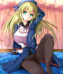 Rule 34 | 10s, 1girl, arm up, atago (kancolle), bad id, bad pixiv id, beret, black pantyhose, blonde hair, breasts, curtains, green eyes, hat, hat ribbon, highres, jacket, kantai collection, knee up, large breasts, legs, long hair, long sleeves, looking at viewer, no shoes, open clothes, open jacket, pantyhose, ribbon, shirt, sitting, skirt, thighhighs, uniform, velia, white shirt