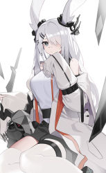 Rule 34 | 1girl, absurdres, animal ears, arknights, asymmetrical legwear, black skirt, breasts, chibi, closed mouth, coat, commentary, earpiece, frostnova (arknights), grey eyes, hair ornament, hair over one eye, hairclip, highres, ice, korean commentary, long hair, looking at viewer, medium breasts, miniskirt, ness (pjw0168), off shoulder, open clothes, open coat, originium arts (arknights), parted bangs, patriot (arknights), pleated skirt, rabbit ears, scar, scar on face, scar on nose, shirt, silver hair, simple background, single leg pantyhose, single thighhigh, sitting, skirt, sleeveless, sleeveless shirt, sleeves past fingers, sleeves past wrists, solo focus, straight hair, thigh strap, thighhighs, uneven legwear, white background, white coat, white shirt, white thighhighs, yokozuwari