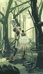 Rule 34 | 1girl, bare tree, blonde hair, bow (weapon), cone hair bun, full body, hair bun, looking at viewer, oom, outdoors, path, road, scenery, short hair, solo, standing, tree, trusty bell, viola, weapon, winter