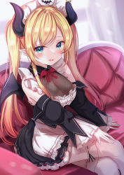 Rule 34 | 1girl, alternate costume, apron, black dress, blonde hair, blue eyes, blush, bow, bowtie, breasts, cleavage, couch, crossed legs, demon girl, demon horns, demon wings, detached sleeves, dress, enmaided, feet out of frame, frilled apron, frilled dress, frills, gradient hair, hair ribbon, highres, hololive, horns, large breasts, long hair, looking at viewer, maid, maid headdress, multicolored hair, on couch, pantyhose, parted lips, pointy ears, red bow, red bowtie, red hair, ribbon, see-through, see-through cleavage, smile, solo, twintails, very long hair, virtual youtuber, white apron, white pantyhose, white ribbon, wings, yuano, yuzuki choco, yuzuki choco (maid)