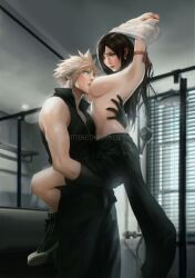 Rule 34 | 1boy, 1girl, black hair, blonde hair, blue eyes, blush, breast sucking, breasts, carrying, carrying person, clothes lift, cloud strife, couple, earrings, final fantasy, final fantasy vii, final fantasy vii advent children, final fantasy vii remake, hetero, highres, jewelry, large breasts, long hair, nipples, red eyes, shirt lift, short hair, solo focus, spiked hair, spykeee, tifa lockhart, topless, undressing