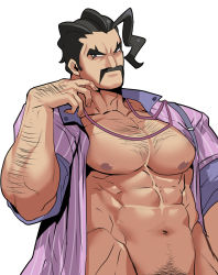 Rule 34 | 1boy, abs, arm hair, bara, bare pectorals, brown eyes, chest hair, collared shirt, creatures (company), facial hair, feet out of frame, fingernails, game freak, hairy, highres, large pectorals, looking at viewer, male focus, manly, mature male, muscular, muscular male, mustache, navel, navel hair, nintendo, nipples, open clothes, open shirt, pectorals, pokemon, pokemon sv, rybiok, saguaro (pokemon), shirt, short hair, simple background, solo, thick eyebrows, upper body, white background