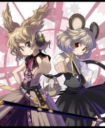 Rule 34 | 2girls, animal ears, basket, belt, brown eyes, brown hair, capelet, dowsing rod, female focus, grey hair, headphones, highres, mouse (animal), mouse ears, mouse tail, multiple girls, nazrin, pointing, pointing at viewer, red eyes, ritual baton, sheath, short hair, smile, sword, syope, tail, touhou, toyosatomimi no miko, weapon