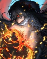 Rule 34 | 1girl, back, bare shoulders, bow, burning, burnt clothes, closed mouth, commentary request, fire, from behind, fujiwara no mokou, grey hair, long hair, looking at viewer, looking back, red eyes, rin reycamoy, solo, touhou, upper body, white bow