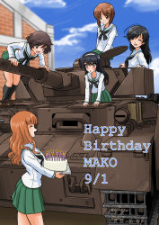 Rule 34 | 5girls, :o, ahoge, akiyama yukari, arm support, artist name, birthday cake, black hair, black legwear, black neckerchief, blouse, blue sky, blunt bangs, blurry, blurry background, blush, brown eyes, brown footwear, brown hair, building, cake, candle, closed eyes, closed mouth, cloud, cloudy sky, commentary, dated, day, depth of field, english text, food, girls und panzer, green skirt, hairband, happy birthday, highres, holding, holding food, isuzu hana, leaning back, leaning forward, loafers, long hair, long sleeves, looking at another, matsui yasutsugu, messy hair, military, military vehicle, miniskirt, motor vehicle, multiple girls, neckerchief, nishizumi miho, ooarai school uniform, open mouth, orange hair, outdoors, panzer iv, panzer iv, pleated skirt, reizei mako, school uniform, serafuku, shirt, shoes, short hair, signature, skirt, sky, smile, socks, standing, takebe saori, tank, white hairband, white shirt