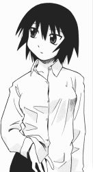Rule 34 | 1girl, androgynous, azumanga daiou, blouse, buttons, collar, collared shirt, dress, greyscale, kagura, kagura (azumanga daioh), long hair, long sleeves, monochrome, shirt, short hair, simple background, solo, standing, white background