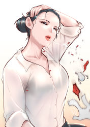 Rule 34 | 1girl, arm up, black hair, breasts, breath, buttons, clueless, collared shirt, forehead, giant, giantess, hair bun, half-closed eyes, hand on own head, head tilt, highres, large breasts, lips, mini person, miniature, multiple others, nape, office lady, open collar, original, ourhandsh, parted lips, shirt, simple background, single hair bun, sleeves rolled up, sweat, white shirt