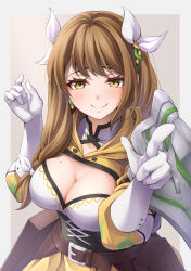 Rule 34 | 1girl, armor, black corset, braid, braided ponytail, breasts, brown eyes, brown hair, cleavage, corset, fire emblem, fire emblem engage, gloves, goldmary (fire emblem), hair ribbon, large breasts, leather belt, long hair, looking at viewer, low ponytail, mole, mole on breast, nintendo, outstretched arms, pleated skirt, pointing, pointing at viewer, ribbon, shoulder armor, skirt, smile, solo, ten (tenchan man), white gloves, white ribbon, yellow skirt