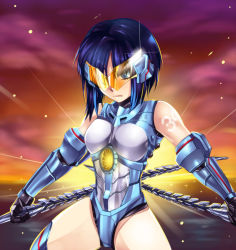 Rule 34 | 1girl, arm blade, armor, bare shoulders, blue eyes, blue hair, cannon, chest cannon, directed-energy weapon, dos (james30226), dual wielding, energy cannon, energy weapon, gd6 chain sword, gipsy danger, glowing, holding, jaeger (pacific rim), legendary pictures, leotard, matching hair/eyes, mecha musume, nuclear vortex turbine, pacific rim, pan pacific defense corps, personification, serious, short hair, solo, sunset, sword, tattoo, visor, weapon, whip, whip sword, wrist blades