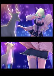 Rule 34 | 03pun15, 1girl, absurdres, antlers, blue bow, blue bowtie, blue dress, bow, bowtie, breasts, ceres fauna, ceres fauna (1st costume), commentary, dancing, deer, dress, english commentary, green hair, highres, hololive, hololive english, horns, large breasts, long hair, shikanoko nokonoko koshitantan, virtual youtuber
