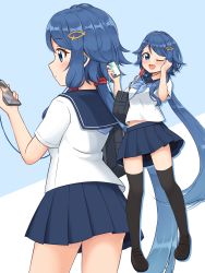 Rule 34 | 1girl, ;d, absurdres, bag, black footwear, black thighhighs, blue background, blue skirt, blush, braid, braided bangs, cellphone, commentary, earbuds, earphones, hair ornament, hairclip, highres, holding, holding phone, long hair, looking at viewer, looking away, low ponytail, multiple views, one eye closed, open mouth, phone, pleated skirt, project gen2, school bag, school uniform, serafuku, shiraha maru, shoes, short sleeves, simple background, single sidelock, skirt, smartphone, smile, tassel, thighhighs, tsubasa aiba, two-tone background, very long hair, virtual youtuber, white background, zettai ryouiki