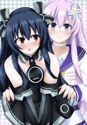 Rule 34 | bare shoulders, black hair, breasts, choker, collar, dress, hair ornament, hairclip, highres, long hair, matrixjudge, nepgear, neptune (series), open mouth, purple eyes, purple hair, red eyes, ribbon, shirt, skirt, small breasts, smile, surprised, tsundere, twintails, two side up, uni (neptunia)