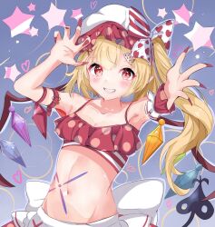 Rule 34 | 1girl, armpits, blonde hair, blue background, bow, flandre scarlet, hair bow, highres, internet survivor, looking at viewer, rainbow wings, red bow, red eyes, red nails, red skirt, skirt, solo, star (symbol), stomach, strapless, touhou, touhourennsyuu, tube top