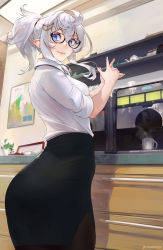 Rule 34 | 1girl, ahoge, artist name, ass, black-framed eyewear, black pantyhose, black skirt, blue eyes, coffee machine, coffee maker, commentary, cowboy shot, cup, dress shirt, elf, english commentary, fangs, fangs out, from behind, glasses, hair between eyes, hair ornament, hairclip, indoors, interlocked fingers, looking at viewer, looking back, luna (unsomnus), office lady, original, own hands together, pantyhose, pencil skirt, pointy ears, ponytail, shirt, sidelocks, skirt, sleeves rolled up, solo, steam, twitter username, unsomnus, white hair, white shirt