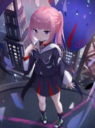 Rule 34 | 1girl, black jacket, black skirt, black socks, blue eyes, blurry, blurry background, boots, braid, building, closed mouth, collared shirt, commentary, depth of field, english commentary, hand up, highres, hood, hood down, hooded jacket, jacket, kaf (kamitsubaki studio), kamitsubaki studio, long sleeves, looking at viewer, neck ribbon, pink hair, pleated skirt, ponytail, red ribbon, ribbon, shirt, skirt, smile, socks, solo, standing, touhourh, virtual youtuber, white footwear, white shirt, wide sleeves, yellow eyes