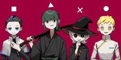 Rule 34 | 2boys, 2girls, black eyes, black hair, black headwear, black kimono, blonde hair, blue eyes, blunt bangs, circle, closed mouth, commentary request, earrings, green hair, grey hair, grin, hand up, hat, highres, himurohiromu, holding, holding sword, holding weapon, jacket, japanese clothes, jewelry, katana, kimono, medium hair, multicolored hair, multiple boys, multiple girls, original, red background, short hair, sidelocks, smile, square, streaked hair, sword, symbol-shaped pupils, teeth, triangle, upper body, weapon, witch hat, x, x-shaped pupils, yellow eyes