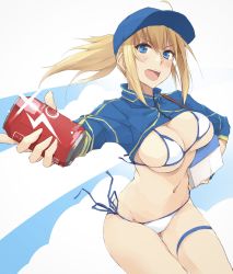 Rule 34 | 1girl, ahoge, artoria pendragon (fate), baseball cap, bikini, blonde hair, blue eyes, blue hat, blue jacket, blush, breasts, can, cleavage, cooler, cropped jacket, drink can, fate/grand order, fate (series), hair between eyes, hair through headwear, hat, highres, jacket, large breasts, long hair, looking at viewer, mysterious heroine x (fate), mysterious heroine xx (fate), navel, open mouth, ponytail, shrug (clothing), side-tie bikini bottom, sidelocks, smile, soda can, solo, swimsuit, thigh strap, thighs, white bikini, wristband, zekkyon