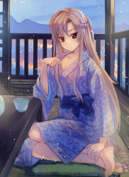 Rule 34 | 10s, 1girl, asuna (sao), bad id, bad pixiv id, barefoot, braid, brown eyes, brown hair, cup, feet, frown, japanese clothes, kimono, long hair, long legs, naruse chisato, solo, sword art online, table, toes