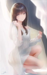 Rule 34 | 1girl, barefoot, brown eyes, brown hair, commentary, curtains, dress, english commentary, from side, full body, grey dress, highres, long hair, long sleeves, looking at viewer, looking to the side, ojay tkym, original, parted lips, resolution mismatch, revision, signature, solo, source larger, squatting, sunlight