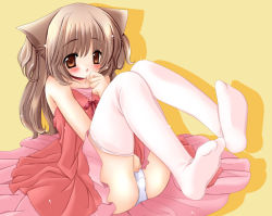 Rule 34 | animal ears, blush, brown eyes, brown hair, cat ears, covering privates, covering crotch, dress, dress tug, legs up, panties, pantyshot, pink dress, sitting, solo, thighhighs, underwear, upskirt, white panties, white thighhighs