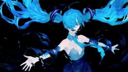 Rule 34 | 1girl, armpits, bare shoulders, blue eyes, blue hair, blue necktie, blue skirt, breasts, detached collar, exploding clothes, hair over one eye, hatsune miku, high-waist skirt, highres, long hair, looking at viewer, medium breasts, necktie, one eye covered, open mouth, outstretched arms, ozyako, skirt, smirk, solo, spread arms, torn clothes, torn sleeves, twintails, upper body, vocaloid