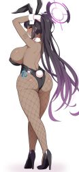 Rule 34 | 1girl, aikome (haikome), animal ears, arm tattoo, ass, black footwear, black hair, black leotard, blue archive, blush, breasts, commentary request, curvy, dark-skinned female, dark skin, detached collar, fishnet pantyhose, fishnets, from behind, halo, high heels, highres, huge ass, karin (blue archive), karin (bunny) (blue archive), large breasts, leotard, long hair, pantyhose, playboy bunny, shiny clothes, shiny skin, side-tie leotard, sideboob, strapless, strapless leotard, tattoo, thong leotard, very long hair, wide hips, wrist cuffs, yellow eyes