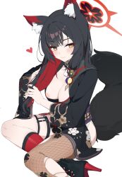 1girl absurdres animal_ear_fluff animal_ears black_hair black_sailor_collar black_shirt blue_archive blush breasts cleavage colored_inner_hair commentary eyeshadow fishnet_thighhighs fishnets floral_print_sleeves fox_ears fox_girl fox_tail halo hashtag-only_commentary high_heels highres holding holding_own_hair large_breasts long_hair long_sleeves looking_at_viewer makeup multicolored_hair nipple_slip nipples red_eyeshadow red_hair red_halo red_socks sailor_collar shirt simple_background single_fishnet_legwear sitting smile socks solo tail thighhighs thighs wakamo_(blue_archive) white_background wide_sleeves xubai yellow_eyes yokozuwari