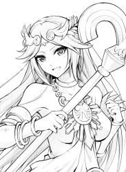 Rule 34 | 1girl, breasts, collarbone, diadem, dress, forehead jewel, greyscale, holding, holding staff, jewelry, kid icarus, kid icarus uprising, long hair, looking at viewer, medium breasts, monochrome, nintendo, open mouth, palutena, pendant, smile, solo, staff, strapless, strapless dress, ten (tenchan man), upper body, vambraces, very long hair