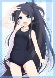 Rule 34 | 1girl, aris (blue archive), artist name, black hair, black one-piece swimsuit, blue archive, breasts, character name, cowboy shot, halo, highres, inaba shiki, long hair, looking at viewer, one-piece swimsuit, ponytail, school swimsuit, small breasts, smile, solo, standing, swimsuit