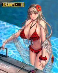 Rule 34 | 1girl, anemone (destiny child), bikini, blonde hair, breasts, choker, destiny child, earrings, flower, frilled bikini, frills, grush, hair flower, hair ornament, headband, highres, huge breasts, jewelry, looking at viewer, microphone, midriff, navel, pool, red eyes, scrunchie, swimsuit, water, water drop, wet, whistle, whistle around neck, wrist scrunchie