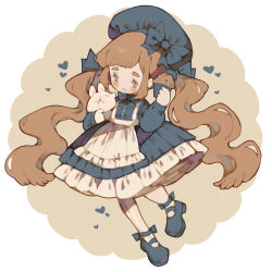 Rule 34 | 1girl, animal, apron, artist self-insert, asymmetrical legwear, beret, blue bow, blue bowtie, blue dress, blue eyes, blue footwear, blue hat, blueberry, blush stickers, bow, bowtie, brown hair, buttons, chibi, circle, commentary, crumbs, deviantart sample, dress, english commentary, eyelashes, food, footwear bow, frilled apron, frilled dress, frills, fruit, hair bow, hand up, happy, hat, hat bow, heart, highres, holding, holding animal, holding food, holding rabbit, image sample, light blush, littlebluemuffin, long hair, long sleeves, mary janes, muffin, open mouth, original, pantyhose, puffy long sleeves, puffy sleeves, rabbit, shoes, short dress, smile, solo, striped clothes, striped pantyhose, twintails, vertical-striped clothes, vertical-striped pantyhose, very long hair, white apron, white background, white pantyhose