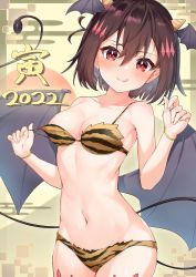 Rule 34 | 1girl, 2022, :q, absurdres, animal print, bat wings, blush, bracelet, breasts, brown hair, chinese zodiac, collarbone, commentary request, cowboy shot, demon girl, demon tail, egasumi, fang, fingernails, hair between eyes, hair ornament, head wings, highres, horns, jewelry, looking at viewer, narrow waist, original, pizza (pizzania company), red eyes, shiny skin, short hair, skin fang, small breasts, solo, speech bubble, standing, stomach, string pull, tail, thighs, tiger print, tongue, tongue out, underboob, wings, year of the tiger