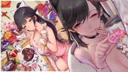 Rule 34 | 2girls, apron, atago (azur lane), azur lane, black hair, bow, breasts, cleavage, condom, condom wrapper, finger to mouth, food, gift, gorgeous mushroom, hair bow, heart, highres, icing, large breasts, multiple girls, pocky, ponytail, smile, swept bangs, takao (azur lane), valentine
