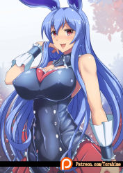 Rule 34 | 1girl, animal ears, bad anatomy, bare shoulders, blue hair, breasts, buttons, cleavage, covered erect nipples, covered navel, detached collar, hand in own hair, highres, kurousagi (mondaiji), large breasts, light particles, long hair, looking at viewer, mondaiji-tachi ga isekai kara kuru sou desu yo?, open mouth, pantyhose, pink lips, pleated skirt, rabbit ears, red eyes, red skirt, shiny clothes, shiny skin, simple background, skirt, smile, solo, standing, torahime (roland00), very long hair, watermark, web address, wrist cuffs