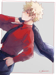 Rule 34 | 1boy, adcalcium, bakugou katsuki, belt, black belt, black jacket, black necktie, black pants, blonde hair, boku no hero academia, border, collared shirt, commentary request, cowboy shot, dutch angle, grey background, hand in pocket, highres, holding, holding clothes, holding jacket, jacket, jacket over shoulder, long sleeves, male focus, necktie, outside border, pants, red eyes, red shirt, shirt, short hair, signature, simple background, solo, spiked hair, standing, striped clothes, striped jacket, striped pants, unworn jacket, vertical-striped clothes, vertical-striped jacket, vertical-striped pants, white border