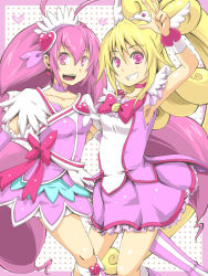 Rule 34 | 2girls, :d, aida mana, antenna hair, asymmetrical clothes, bike shorts, blonde hair, boots, bow, bowtie, brooch, choker, color connection, cosplay, costume switch, crossover, cure happy, cure happy (cosplay), cure heart, cure heart (cosplay), dokidoki! precure, dress, earrings, hair flip, hair ornament, half updo, head wings, heart, heart brooch, hoshizora miyuki, jewelry, kasetsu, long hair, magical girl, multiple girls, open mouth, pink bow, pink dress, pink eyes, pink hair, pink skirt, pink theme, precure, ribbon, shorts, shorts under skirt, skirt, smile, smile precure!, tiara, twintails, wings, wrist cuffs