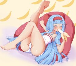 Rule 34 | 1girl, ass, banana, bare arms, bare legs, bare shoulders, barefoot, blue hair, blush, breasts, cameltoe, character request, cleft of venus, closed eyes, collarbone, copyright request, eating, ether core, food, fruit, highres, hime cut, legs up, let&#039;s end the world, long hair, lying, nell (let&#039;s end the world), on back, panties, small breasts, smile, soles, striped clothes, striped panties, thighs, toes, underwear