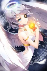 Rule 34 | 1girl, alternate costume, angel, angel wings, bare shoulders, blue eyes, breasts, cleavage, collarbone, dress, expressionless, eyepatch, feathers, gilse, halo, holding, iri flina, jack-o&#039;-lantern, jewelry, nail polish, necklace, short hair, silver hair, skull, solo, strapless, sword girls, wings