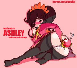 Rule 34 | 1girl, anal, anal object insertion, anus, artist name, ashley (warioware), ass, black hair, black pantyhose, blush, character name, clothes pull, copyright name, dress, female focus, female masturbation, flat chest, from behind, full body, hair over one eye, hairband, half-closed eyes, hand up, jaggy lines, long sleeves, looking back, lying, masturbation, neckerchief, nintendo, nose blush, object insertion, on side, open mouth, orange hairband, orange neckerchief, pantyhose, pantyhose pull, patreon username, pongldr, pussy, red background, red dress, red eyes, simple background, solo, sparkle, staff, sweat, thighband pantyhose, twintails, uncensored, warioware, watermark, web address