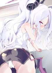 Rule 34 | 1girl, ass, black skirt, blue archive, blush, demon horns, grey hair, halo, hand on own face, highres, hina (blue archive), horns, long hair, looking at viewer, low wings, panties, purple eyes, purple halo, shi ecchi, shirt, skirt, sleeveless, sleeveless shirt, underwear, white hair, white panties, white shirt, wings