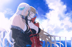 Rule 34 | 2girls, amazuki jou, azur lane, black choker, black jacket, blue sky, breasts, brown hair, choker, closed eyes, cloud, cloudy sky, commentary, day, earrings, feather hair ornament, feathers, gloves, hair ornament, halterneck, highres, horizon, jacket, jean bart (azur lane), jewelry, laughing, long hair, long sleeves, massachusetts (azur lane), medium breasts, multiple girls, ocean, off shoulder, open mouth, outdoors, railing, red gloves, red jacket, sky, smile, standing, sunlight, white hair, wind