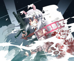 Rule 34 | 1girl, angry, animal ears, blazer, blood, boots, bullet hole, contemporary, duplicate, english text, epic, female focus, gun, h&amp;k mp5, heckler &amp; koch, jacket, long hair, necktie, noya makoto, pleated skirt, purple hair, rabbit ears, red eyes, reisen udongein inaba, riot shield, school uniform, shield, skirt, smoke, solo, submachine gun, thighhighs, torn clothes, touhou, weapon