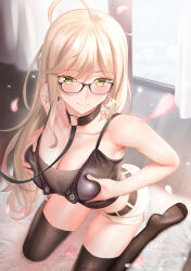 Rule 34 | 1girl, absurdres, ahoge, bare shoulders, bdsm, belt, besmiled, black-framed eyewear, black belt, black collar, blonde hair, blush, breasts, brown thighhighs, cleavage, closed mouth, collar, commentary request, condom, condom wrapper, curtains, earrings, falling petals, glasses, grabbing own breast, highres, jewelry, kneeling, large breasts, leash, long hair, looking at viewer, missouri (warship girls r), no shoes, o-ring, o-ring collar, petals, rug, shorts, slave, smile, solo, star (symbol), star earrings, thighhighs, thighs, warship girls r, white shorts, yellow eyes