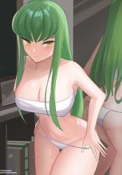 Rule 34 | 1girl, absurdres, ass, bare arms, bare shoulders, bikini, book, breasts, c.c., cleavage, closed mouth, code geass, geass, green hair, highres, honeymark, large breasts, leaning forward, long hair, mirror, reflection, straight hair, swimsuit, thigh gap, thighs, wet, white bikini, yellow eyes