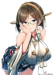 Rule 34 | 1girl, aiguillette, bad id, bad pixiv id, bare shoulders, black hair, blue eyes, blush, bob cut, breasts, closed mouth, detached sleeves, expressionless, glasses, green-framed eyewear, hairband, hand on own cheek, hand on own face, headgear, japanese clothes, kantai collection, kirishima (kancolle), large breasts, leaning forward, nontraditional miko, parted bangs, shinomu (cinomoon), short hair, sidelocks, simple background, twitter username, white background