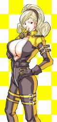 Rule 34 | 1girl, blonde hair, bodysuit, breasts, cleavage, curvy, hairband, highres, huge breasts, kof: maximum impact, lien neville, long hair, open clothes, the king of fighters, zipper