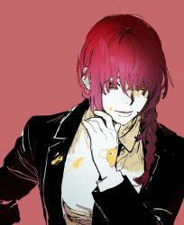 Rule 34 | black coat, black necktie, braid, braided ponytail, business suit, chainsaw man, coat, formal, looking at viewer, makima (chainsaw man), necktie, pochita (chainsaw man), ponytail, red background, red hair, ringed eyes, sankomichi, simple background, smile, stylized blood, suit