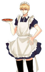 Rule 34 | 1boy, alternate costume, apron, black pantyhose, black thighhighs, blonde hair, crossdressing, enmaided, fate/zero, fate (series), food, gilgamesh (fate), maid, maid apron, maid headdress, male focus, mapo tofu, pantyhose, red eyes, seojung, short hair, simple background, solo, thighhighs, white background
