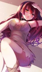 Rule 34 | 1girl, breasts, cleavage, closed mouth, heterochromia, highres, hololive, houshou marine, looking at viewer, lying, mani (manidrawings), medium breasts, mismatched pupils, on back, orange eyes, red eyes, red hair, solo, virtual youtuber